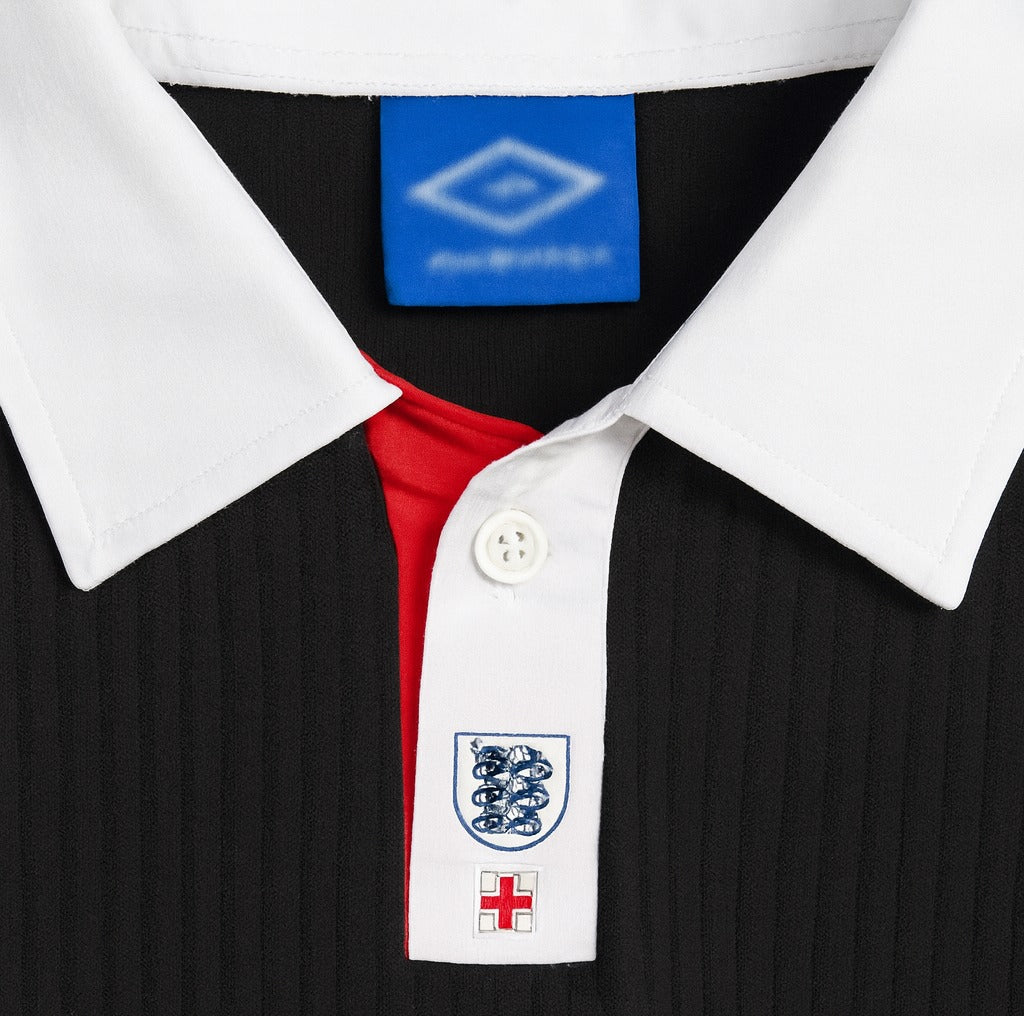 England 1998 black away shirt — collar close-up