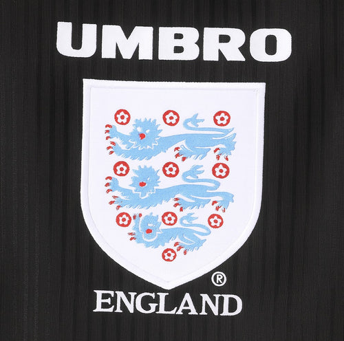 England 1998 black away shirt — Three Lions crest close-up