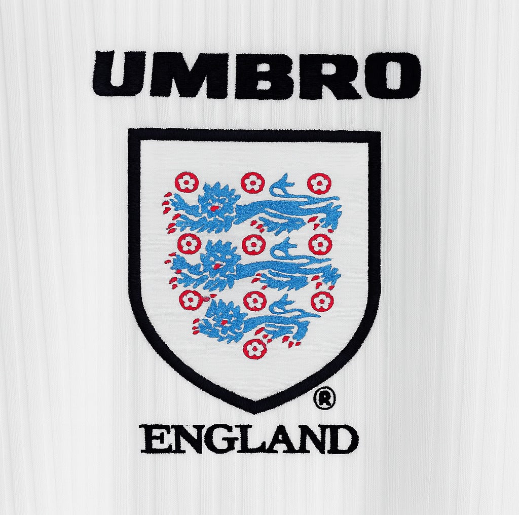England 1998 home shirt — three lions crest close-up