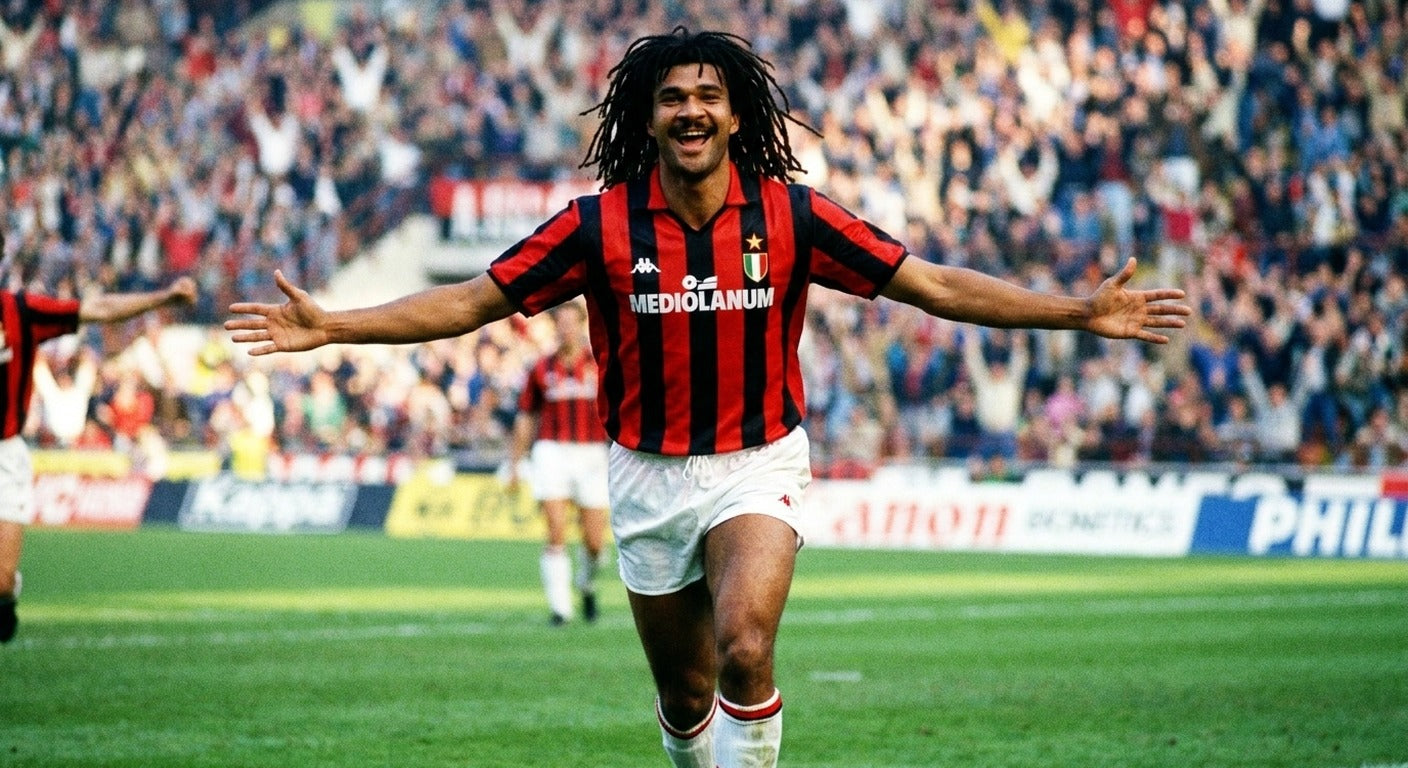 Ruud Gullit celebrating in the AC Milan 1988/89 home shirt