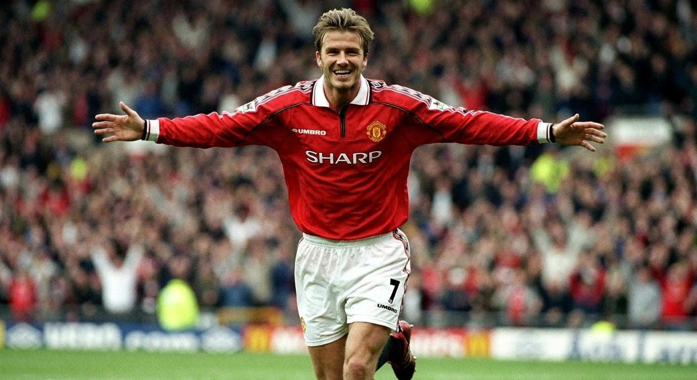 David Beckham celebrating in the Manchester United 1998/99 home shirt