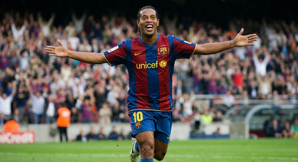 Ronaldinho celebrating in the Barcelona 2007/08 home shirt