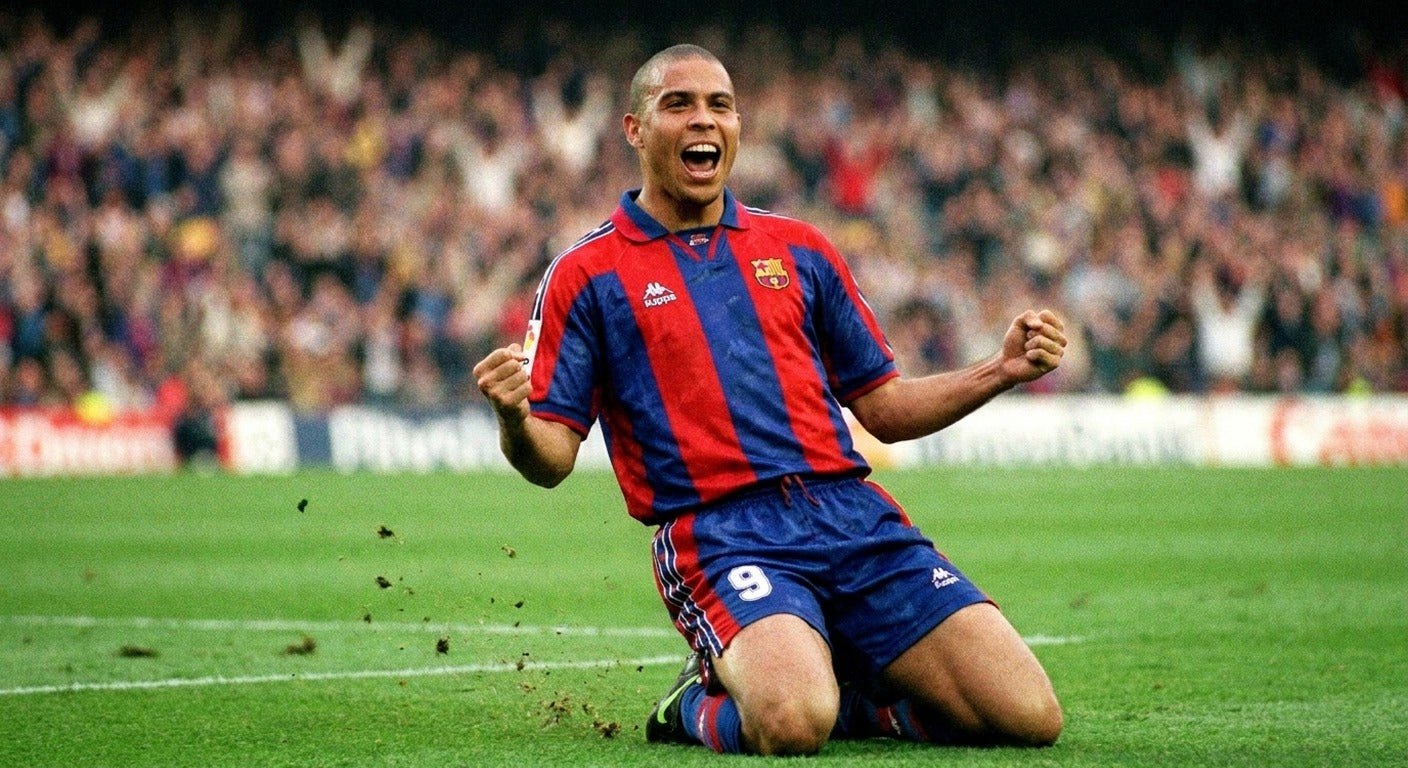Ronaldo celebrating in the Barcelona 1996/97 home shirt