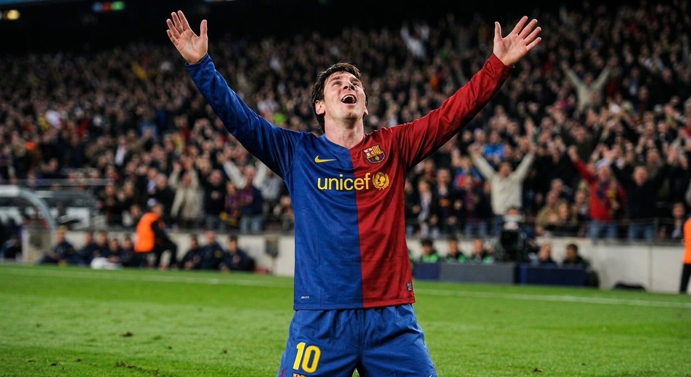 Messi celebrating in the Barcelona 2008/09 home shirt