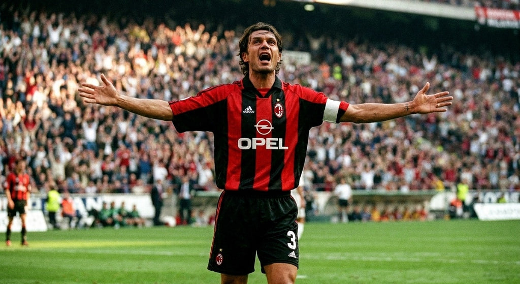 Paolo Maldini celebrating in the AC Milan 1998/99 home shirt