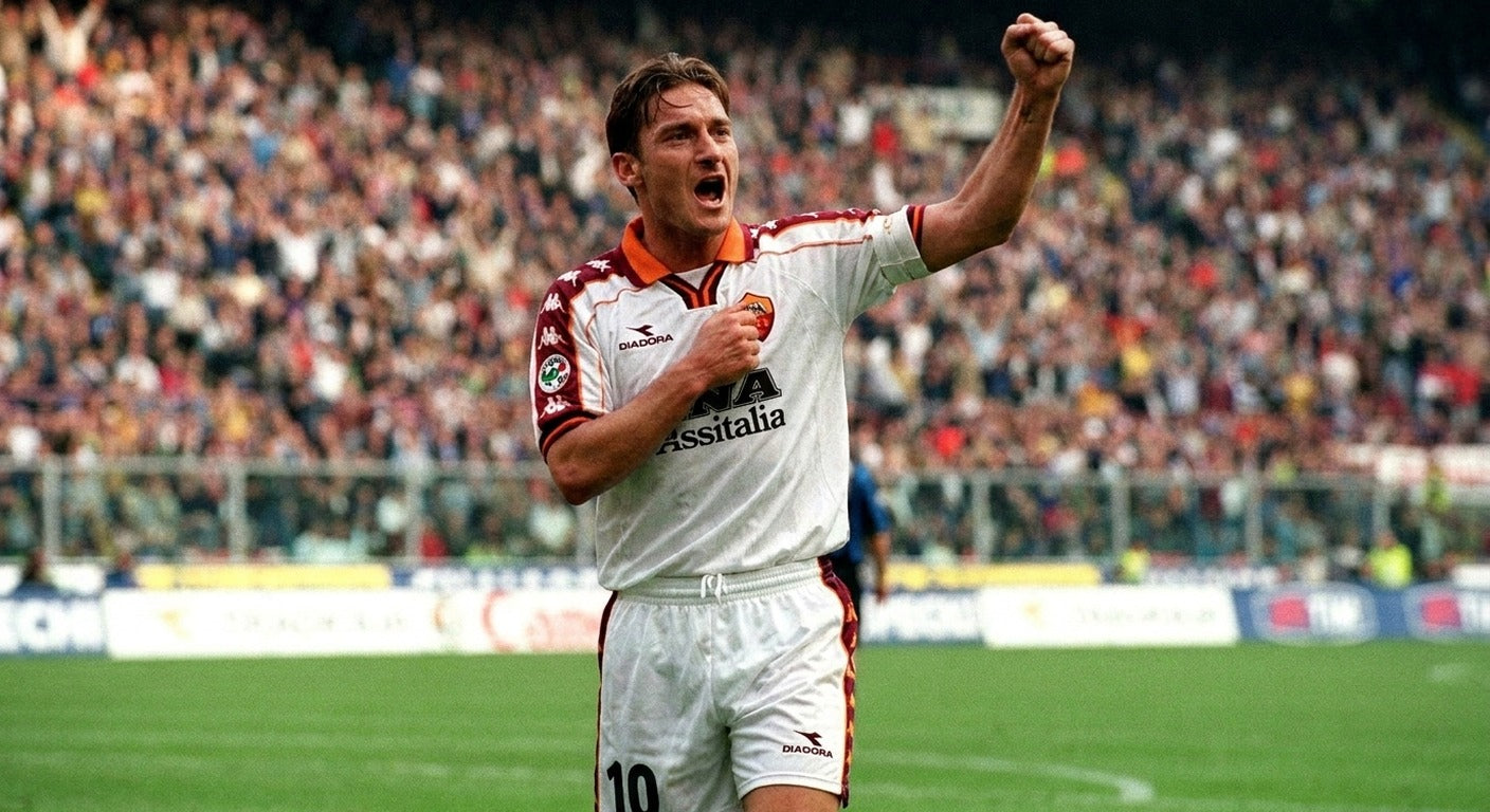 Francesco Totti celebrating in the AS Roma 1998/99 away shirt