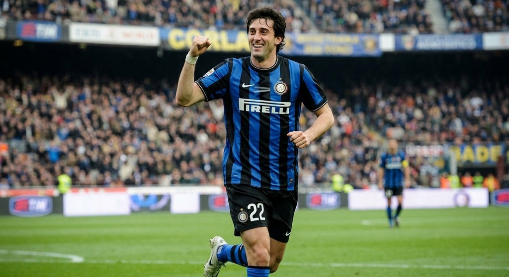 Diego Milito celebrating in the Inter 2009/10 home shirt