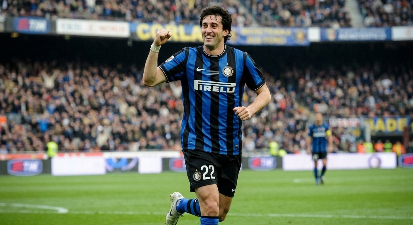 Diego Milito celebrating in the Inter 2009/10 home shirt