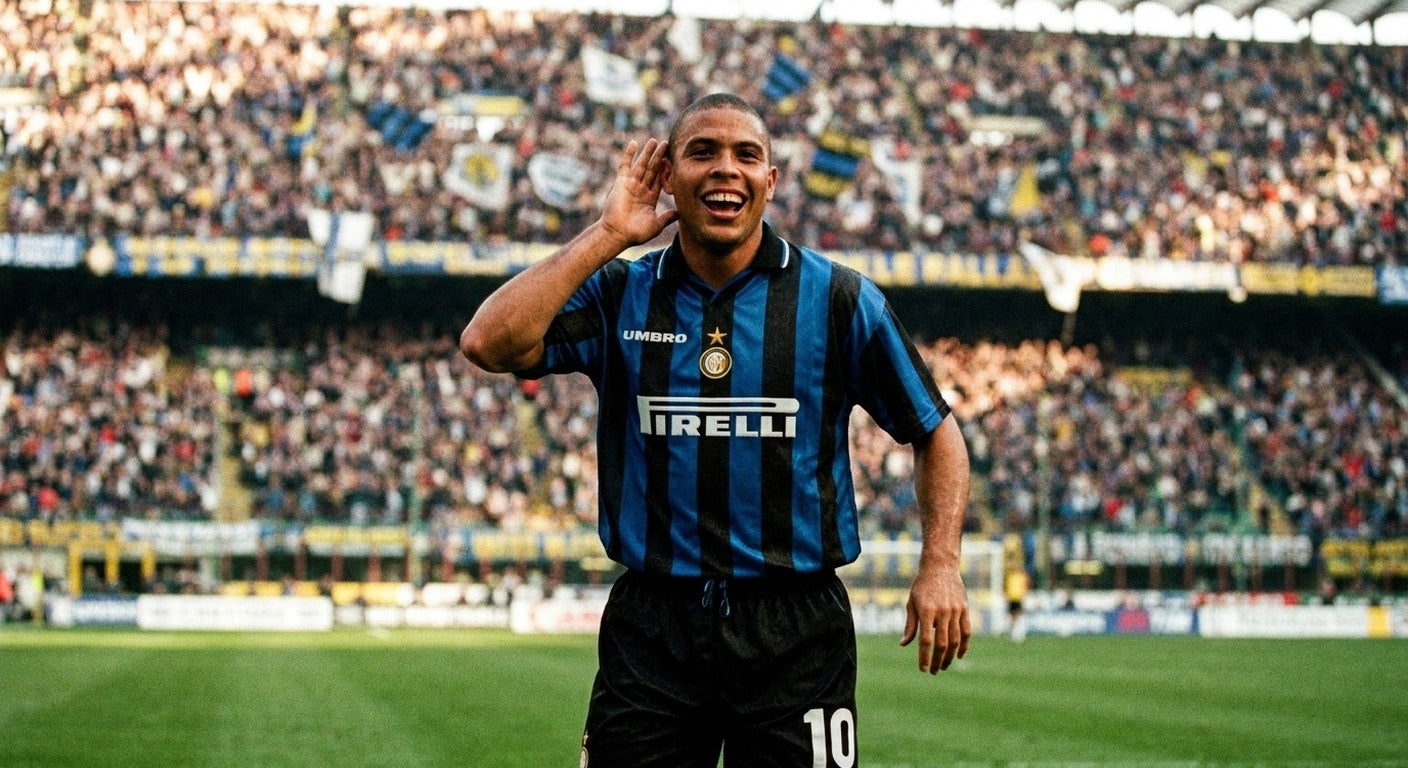 Ronaldo celebrating in the Inter 1997/98 home shirt
