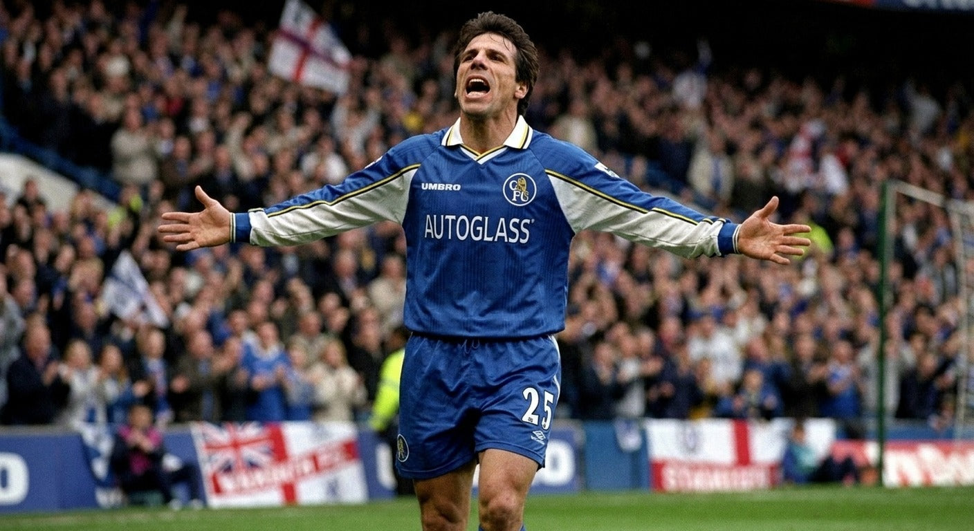 Gianfranco Zola celebrating in the Chelsea 1997/98 home shirt