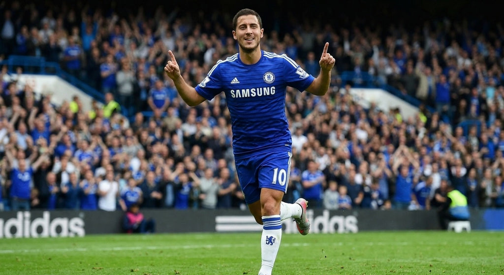Eden Hazard celebrating in the Chelsea 2014/15 home shirt