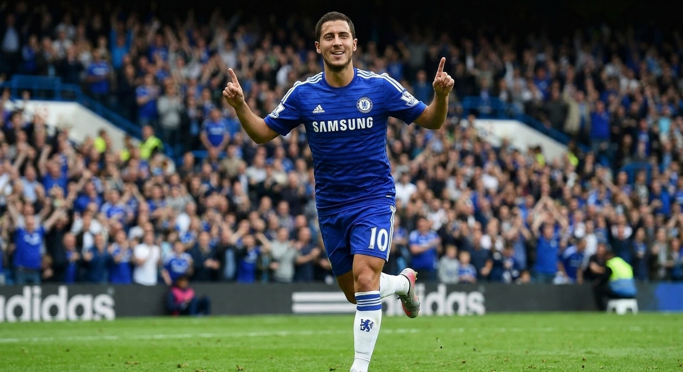 Eden Hazard celebrating in the Chelsea 2014/15 home shirt