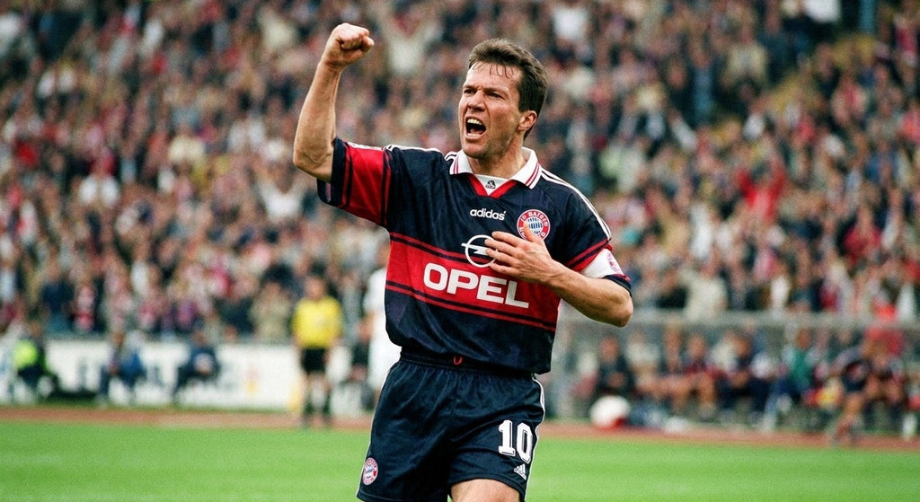 Lothar Matthaus celebrating in the Bayern Munich 1998/99 home shirt