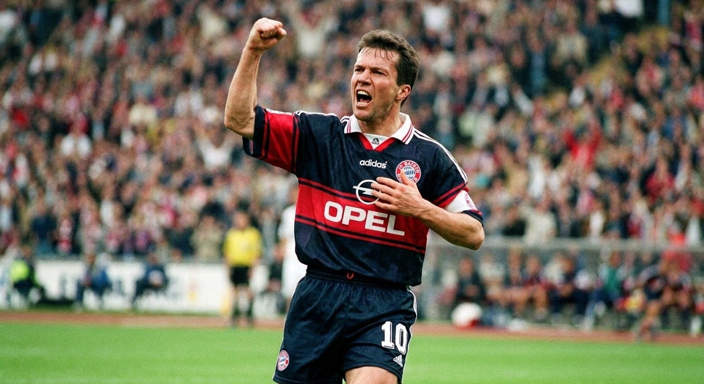 Lothar Matthaus celebrating in the Bayern Munich 1998/99 home shirt