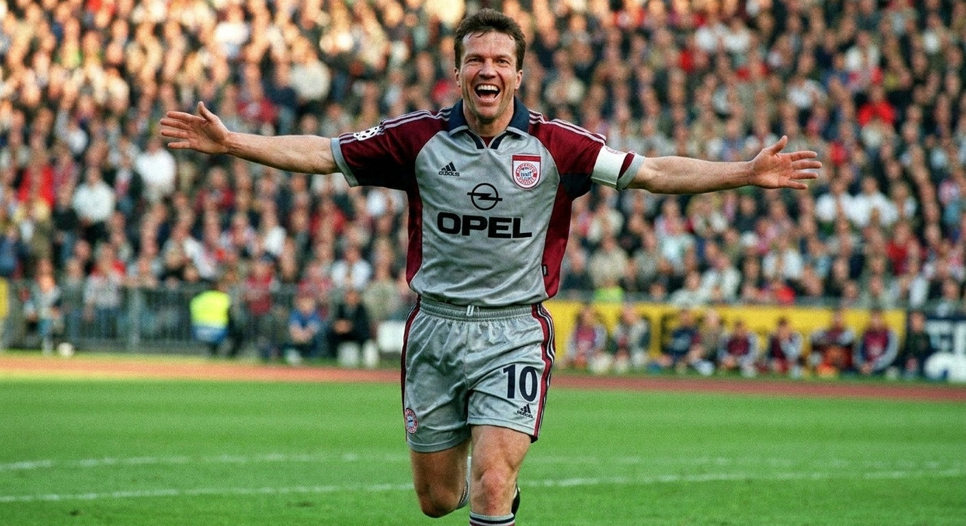Lothar Matthaus celebrating in the Bayern Munich 1998/99 away shirt