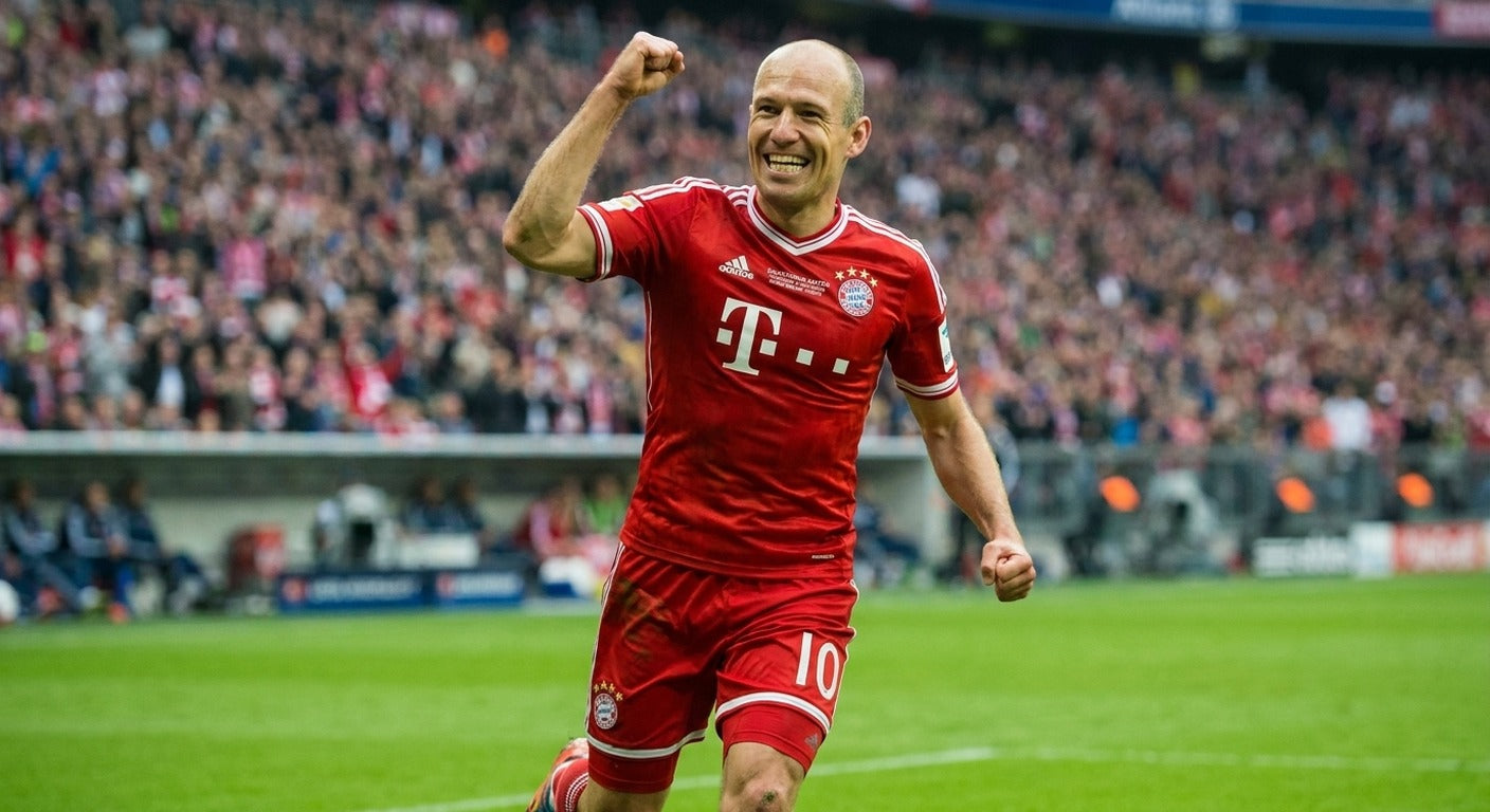Arjen Robben celebrating in the Bayern Munich 2013/14 home shirt