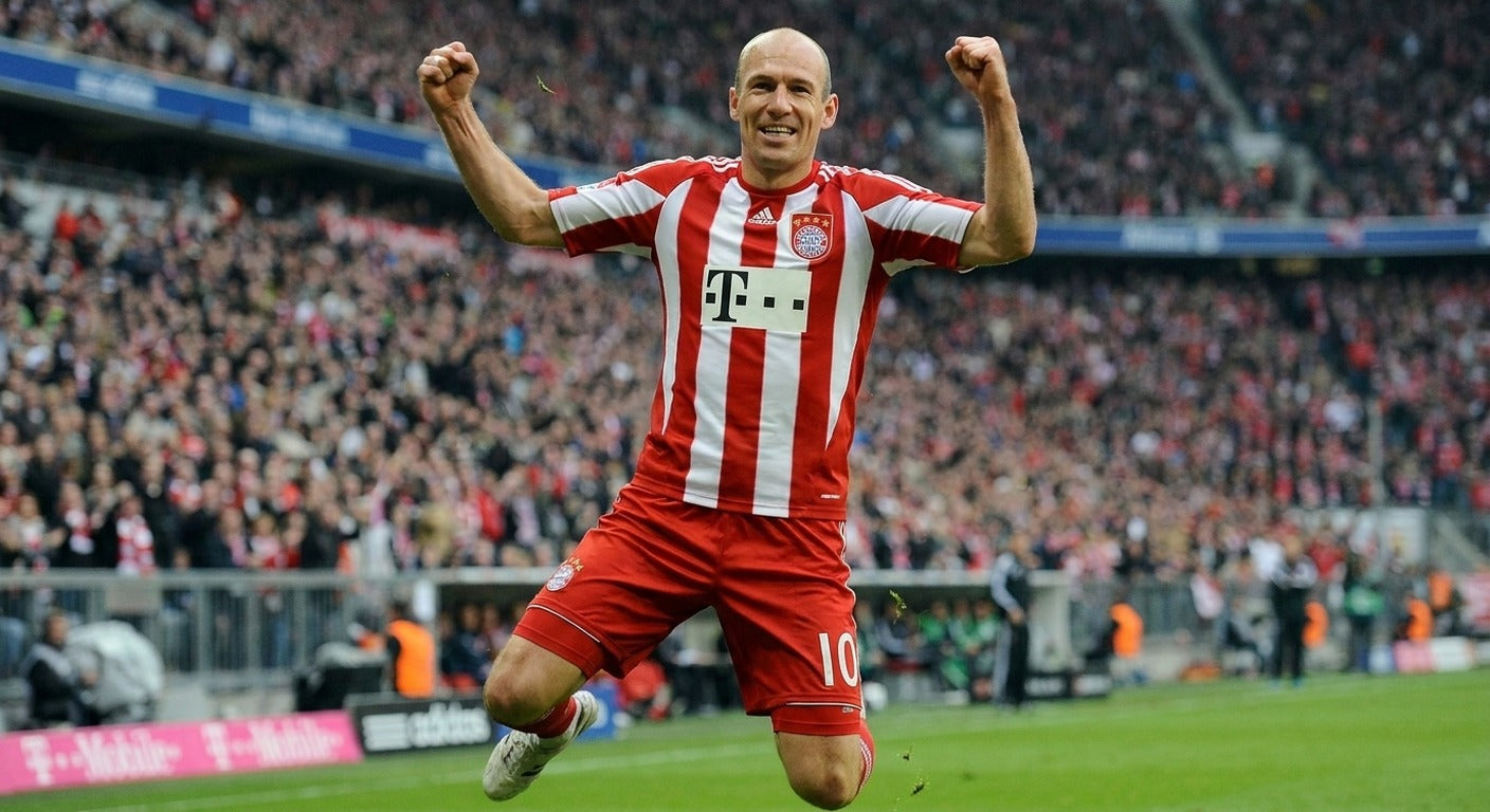 Arjen Robben celebrating in the Bayern Munich 2010/11 home shirt