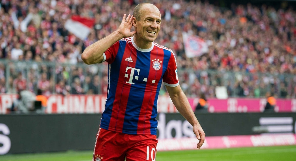 Arjen Robben celebrating in the Bayern Munich 2014/15 home shirt