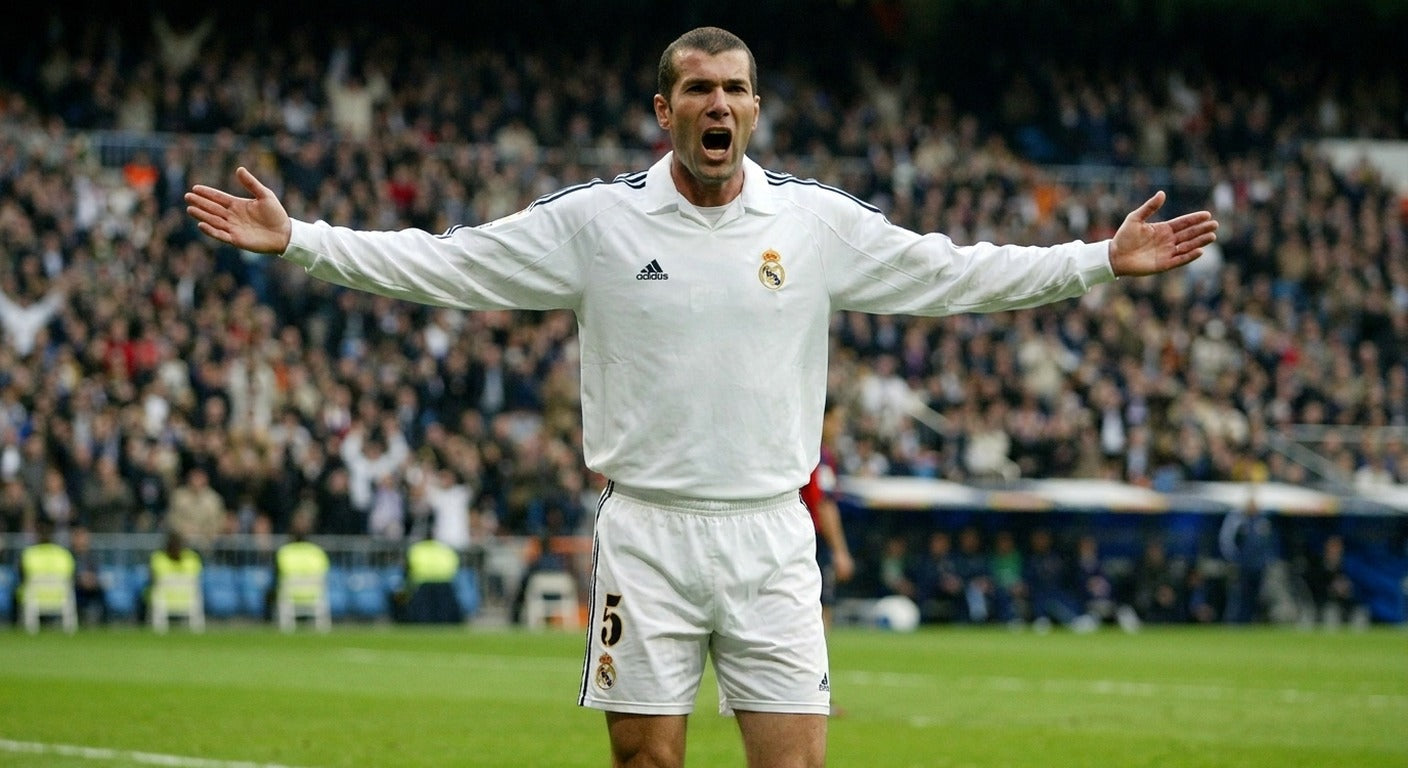 Zinedine Zidane celebrating in the Real Madrid 2001/02 home shirt