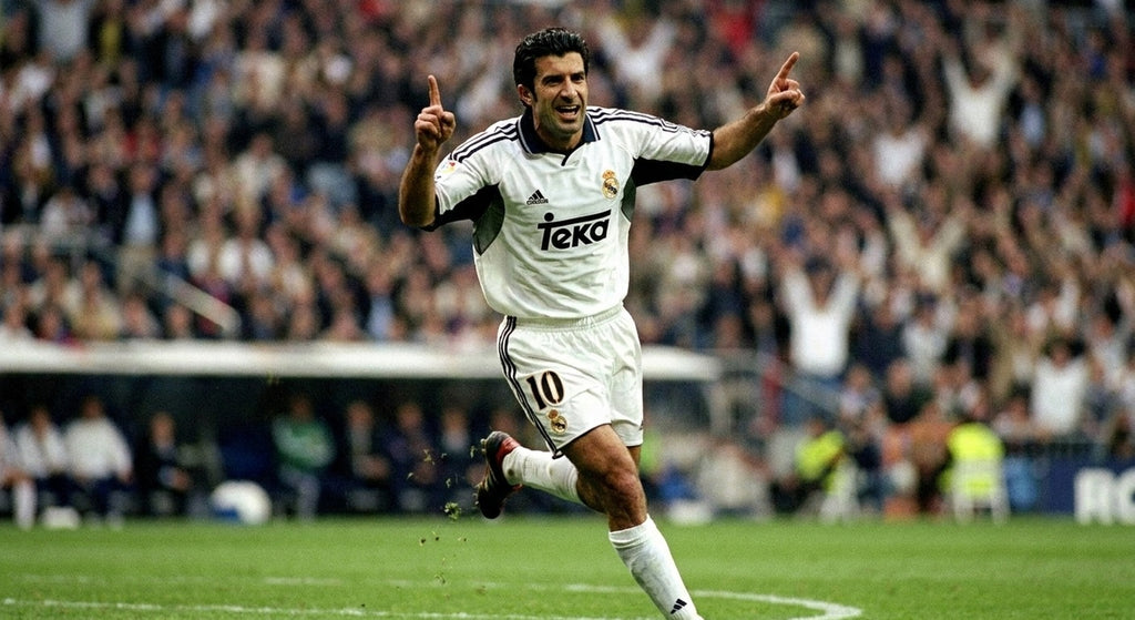 Luis Figo celebrating in the Real Madrid 2000/01 home shirt
