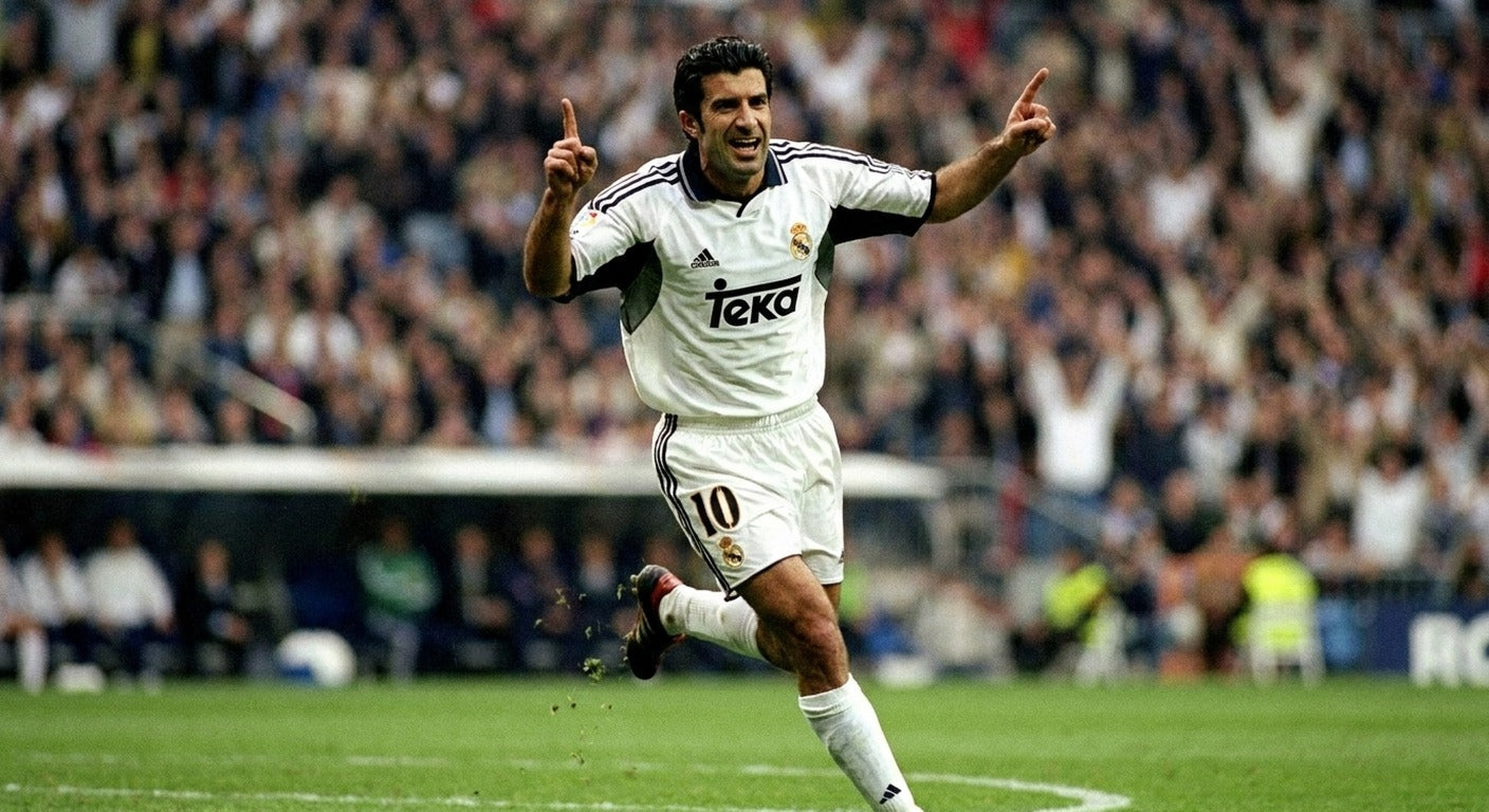 Luis Figo celebrating in the Real Madrid 2000/01 home shirt