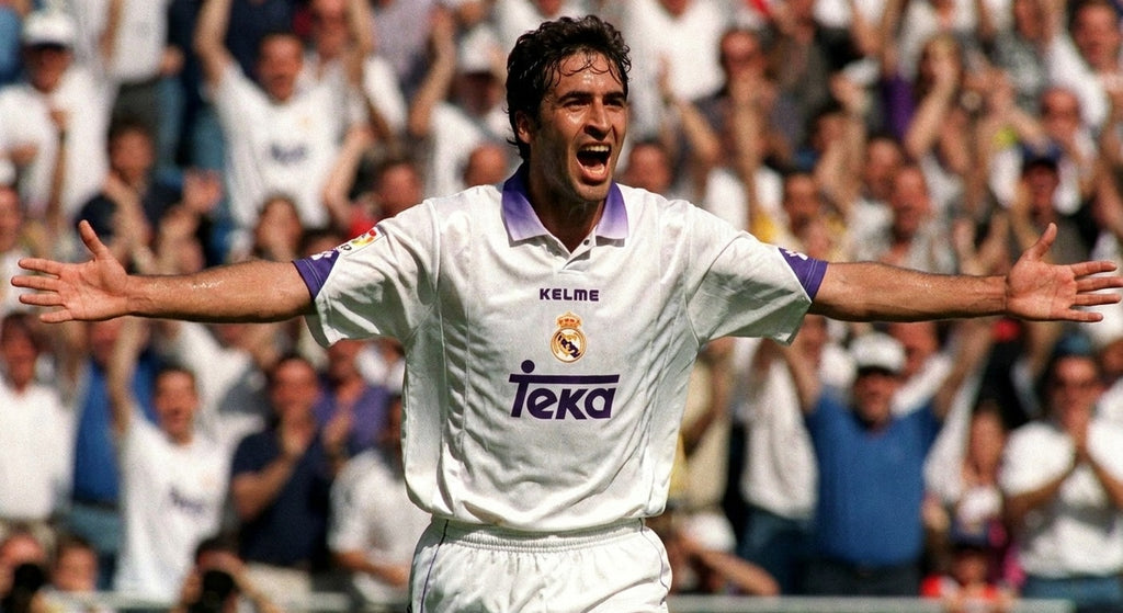 Raul celebrating in the Real Madrid 1997/98 home shirt