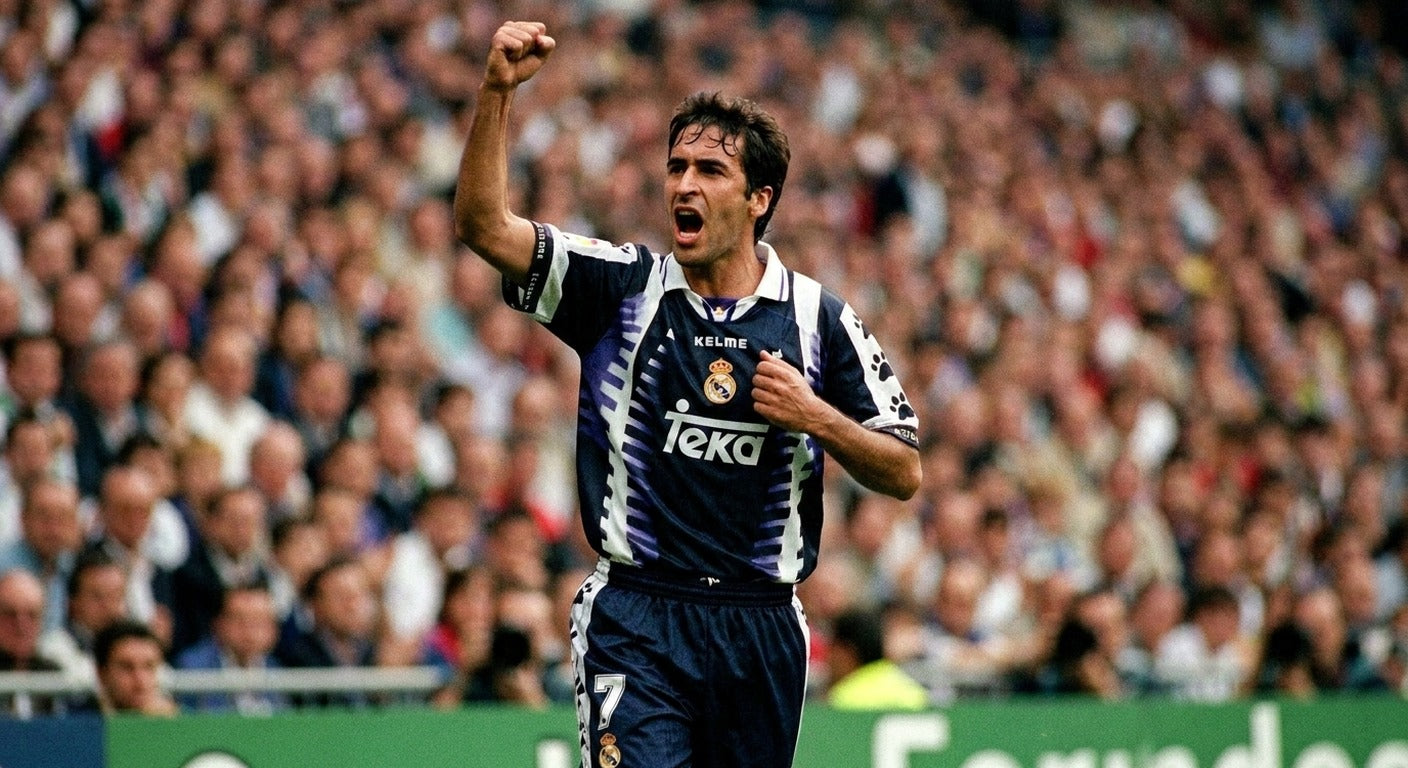 Raul celebrating in the Real Madrid 1997/98 away shirt