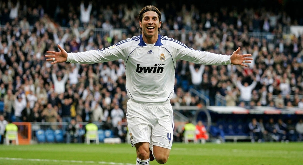 Sergio Ramos celebrating in the Real Madrid 2007/08 home shirt