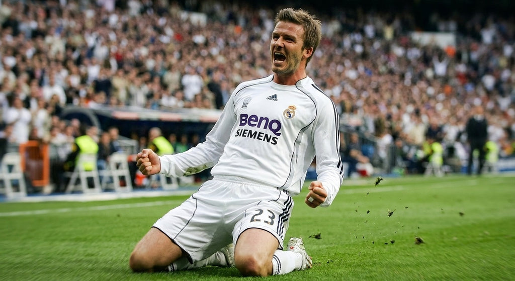 David Beckham celebrating in the Real Madrid 2006/07 home shirt