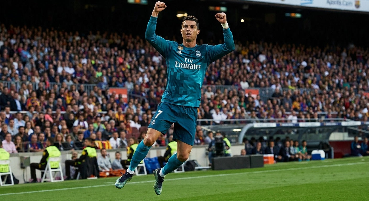 Cristiano Ronaldo celebrating in the Real Madrid 2017/18 away shirt