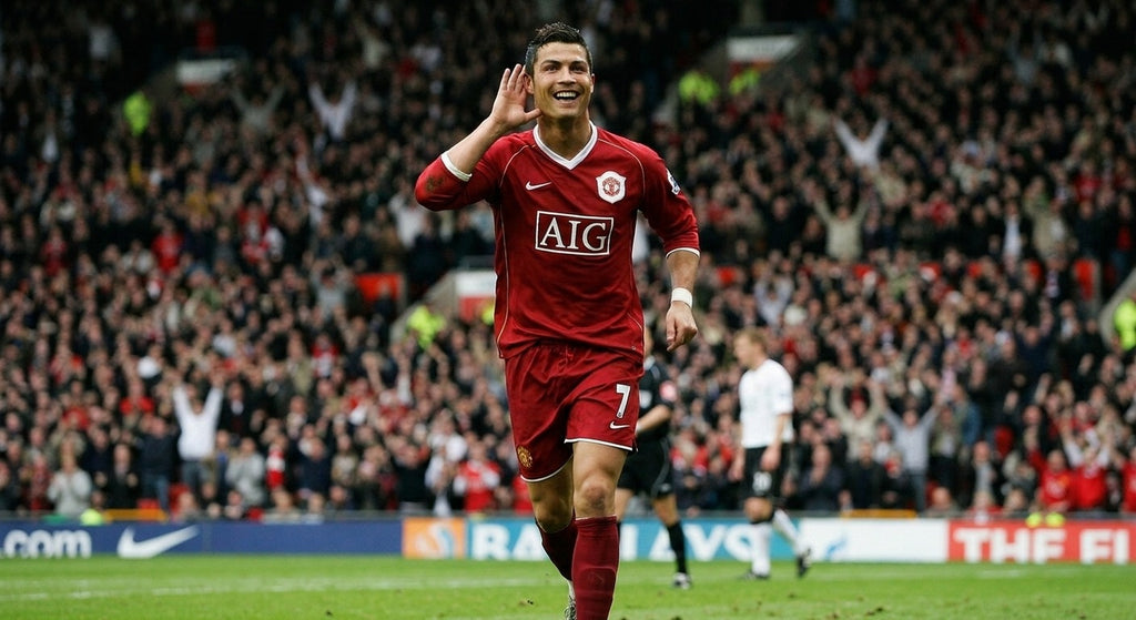 Cristiano Ronaldo celebrating in the Manchester United 2006/07 home shirt