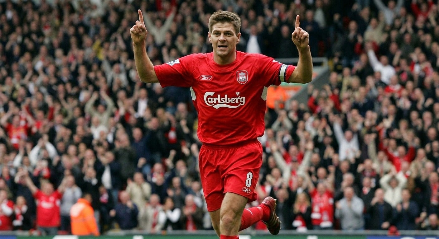 Steven Gerrard celebrating in the Liverpool 2004/05 home shirt