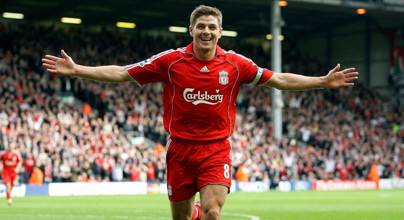 Steven Gerrard celebrating in the Liverpool 2006/07 home shirt