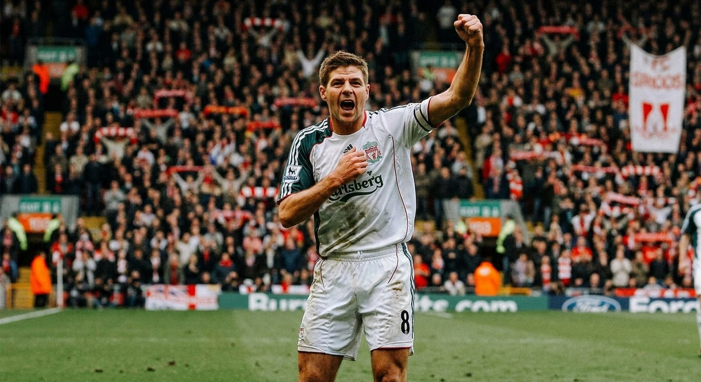 Steven Gerrard celebrating in the Liverpool 2006/07 away shirt