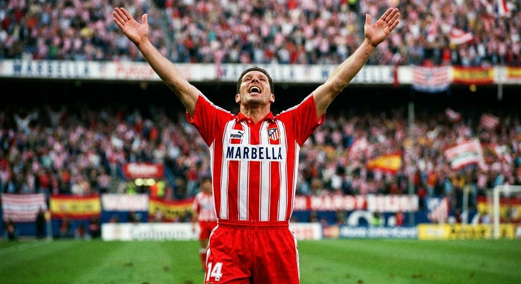 Diego Simeone celebrating in the Atletico Madrid 1994/95 home shirt