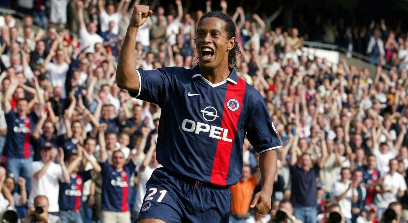 Ronaldinho celebrating in the Paris Saint-Germain 2001/02 home shirt