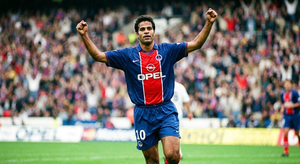 Rai celebrating in the Paris Saint-Germain 1995/96 home shirt