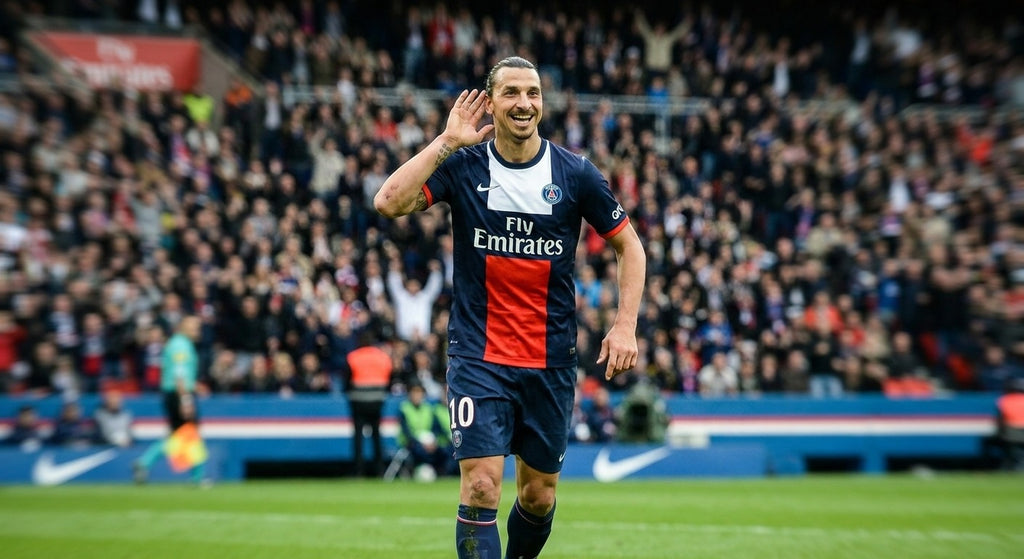 Zlatan Ibrahimovic celebrating in the Paris Saint-Germain 2013/14 home shirt