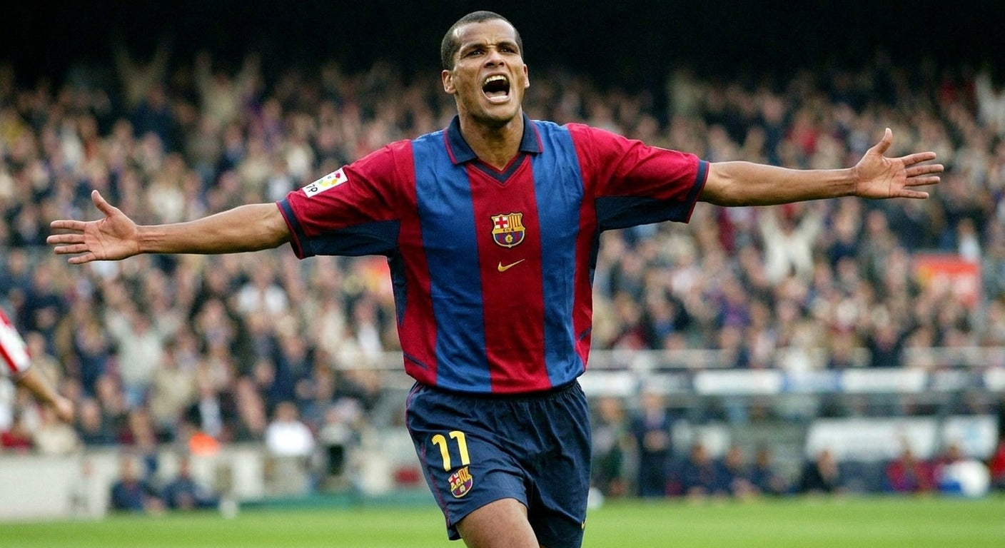 Rivaldo celebrating in the FC Barcelona 1998/99 home shirt