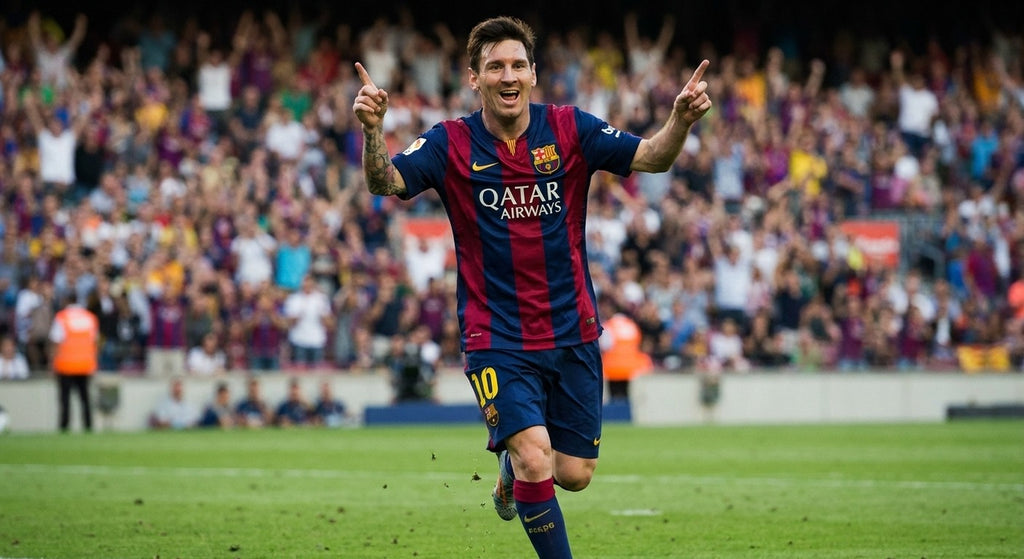 Lionel Messi celebrating in the FC Barcelona 2014/15 home shirt