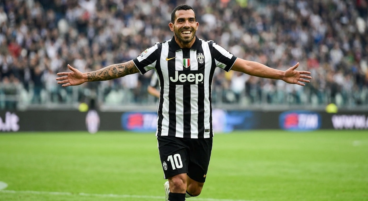 Carlos Tevez celebrating in the Juventus 2014/15 home shirt