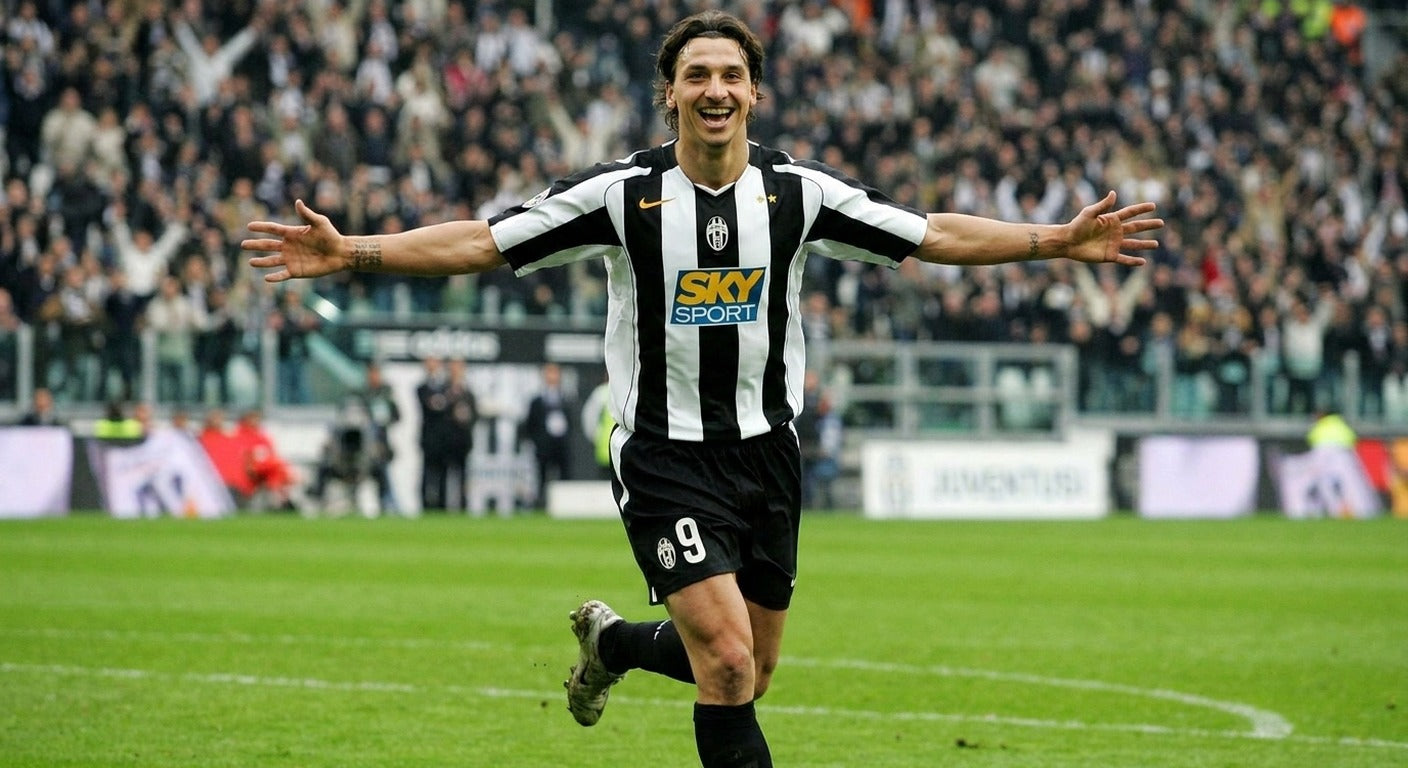 Zlatan Ibrahimovic celebrating in the Juventus 2004/05 home shirt