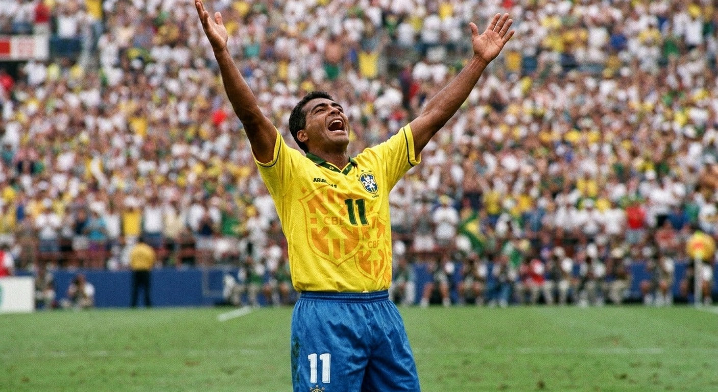 Romario celebrating in the Brazil 1994 home shirt