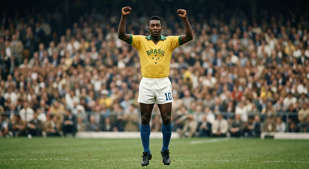 Pele celebrating in the Brazil 1958 home shirt