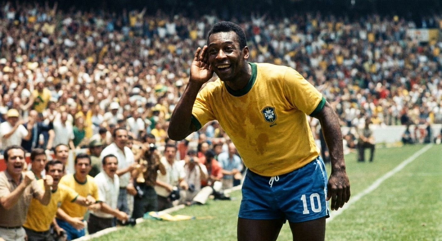 Pele celebrating in the Brazil 1970 home shirt