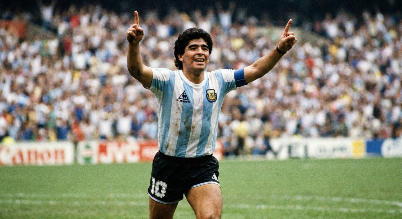 Diego Maradona celebrating in the Argentina 1986 home shirt