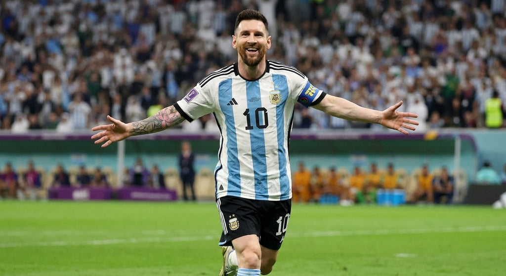 Lionel Messi celebrating in the Argentina 2022 home shirt