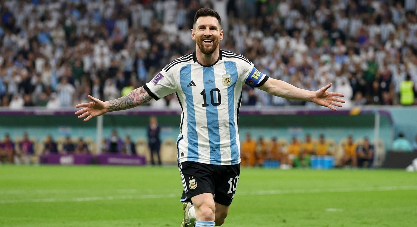 Lionel Messi celebrating in the Argentina 2022 home shirt