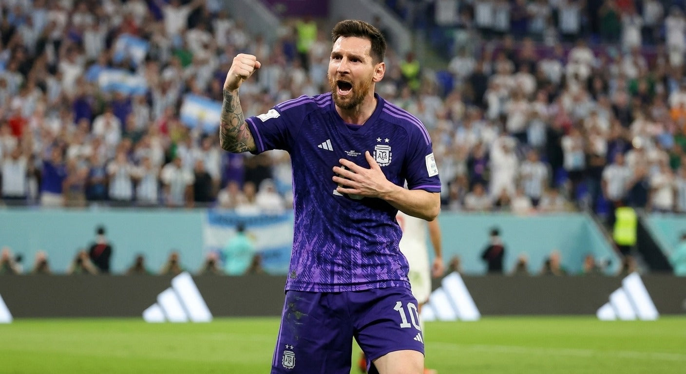 Lionel Messi celebrating in the Argentina 2022 away shirt