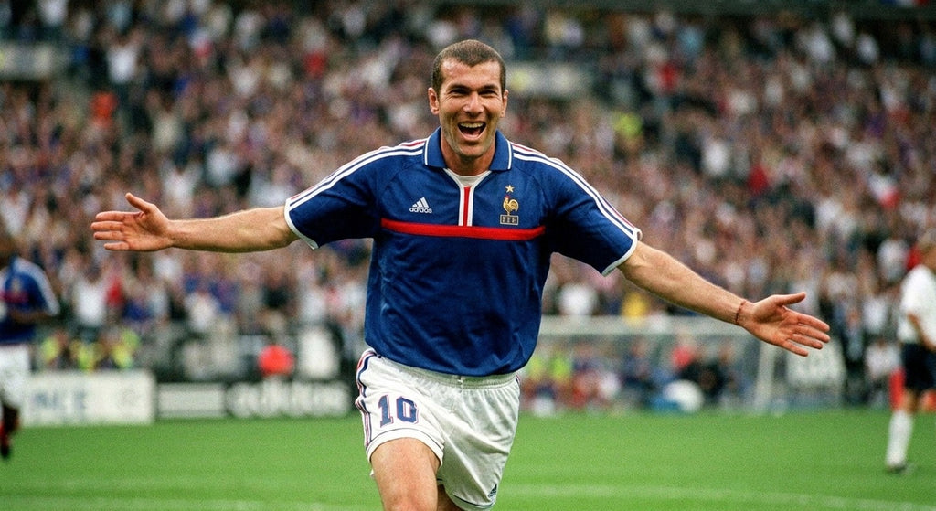 Zinedine Zidane celebrating in the France 2000 home shirt